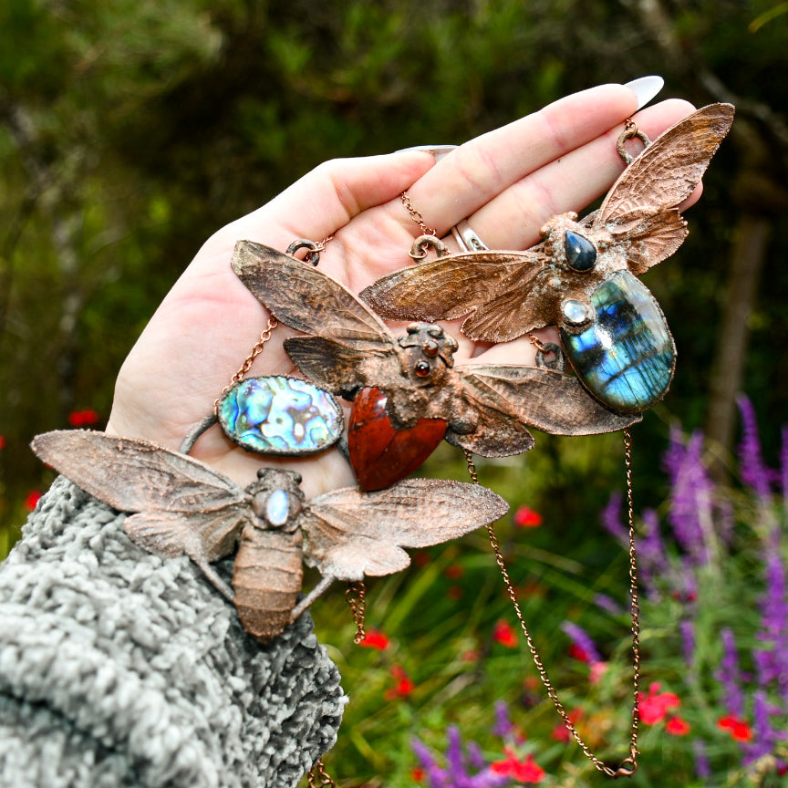 Cicada with red jasper and citrine pendant necklace in electroformed copper