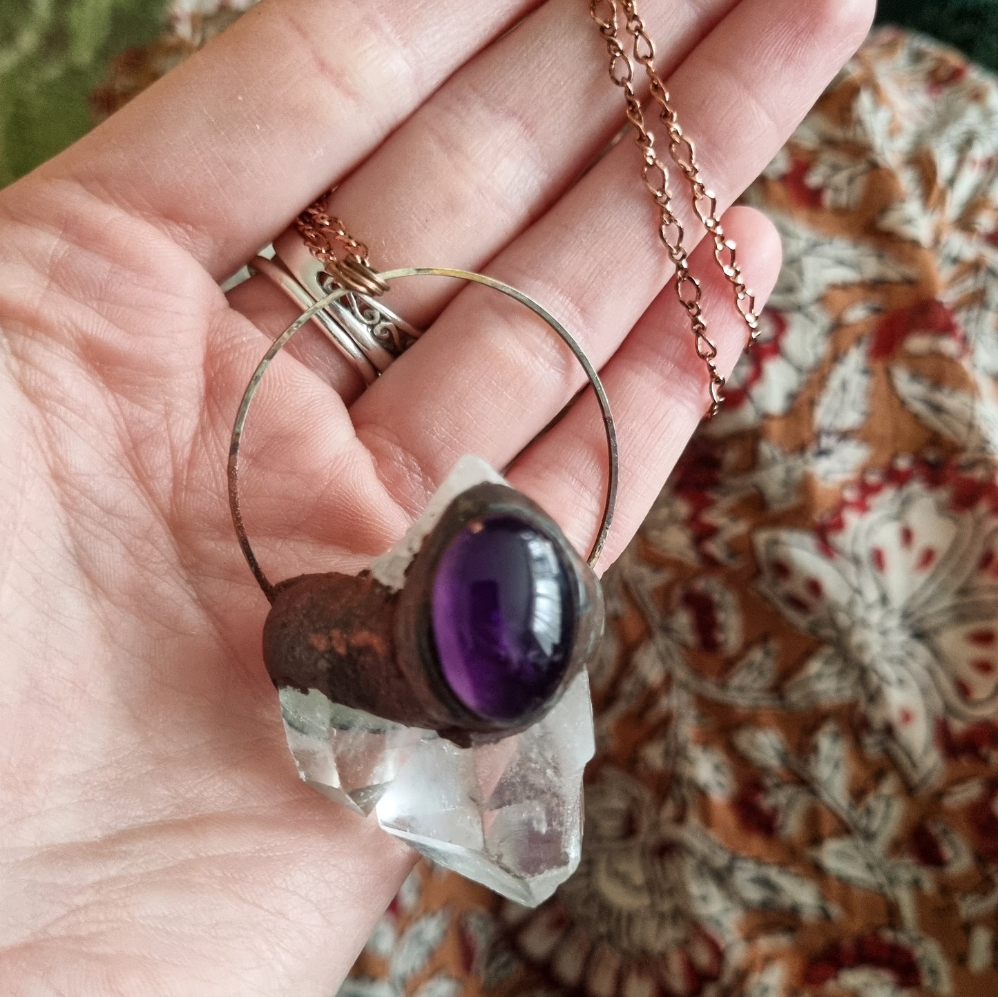 "Fucking big" Clear quartz and amethyst pendulum necklace in copper