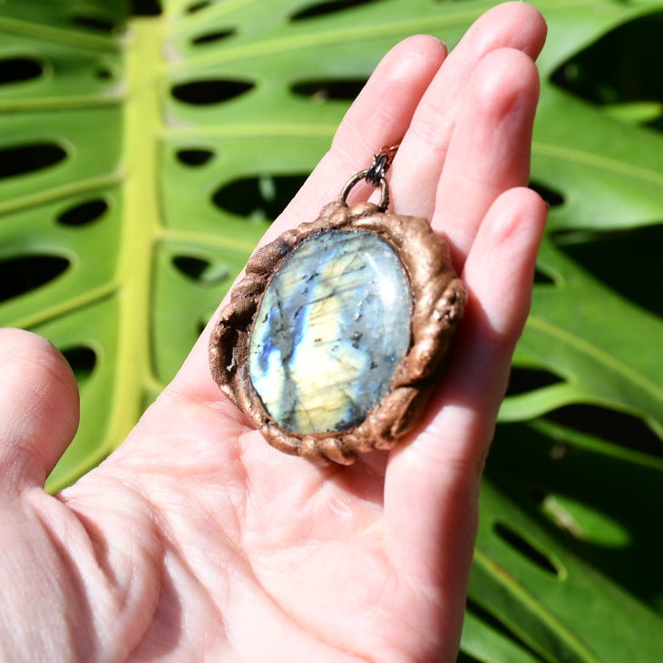 Mushroom labrodorite pendant necklace in electroformed copper