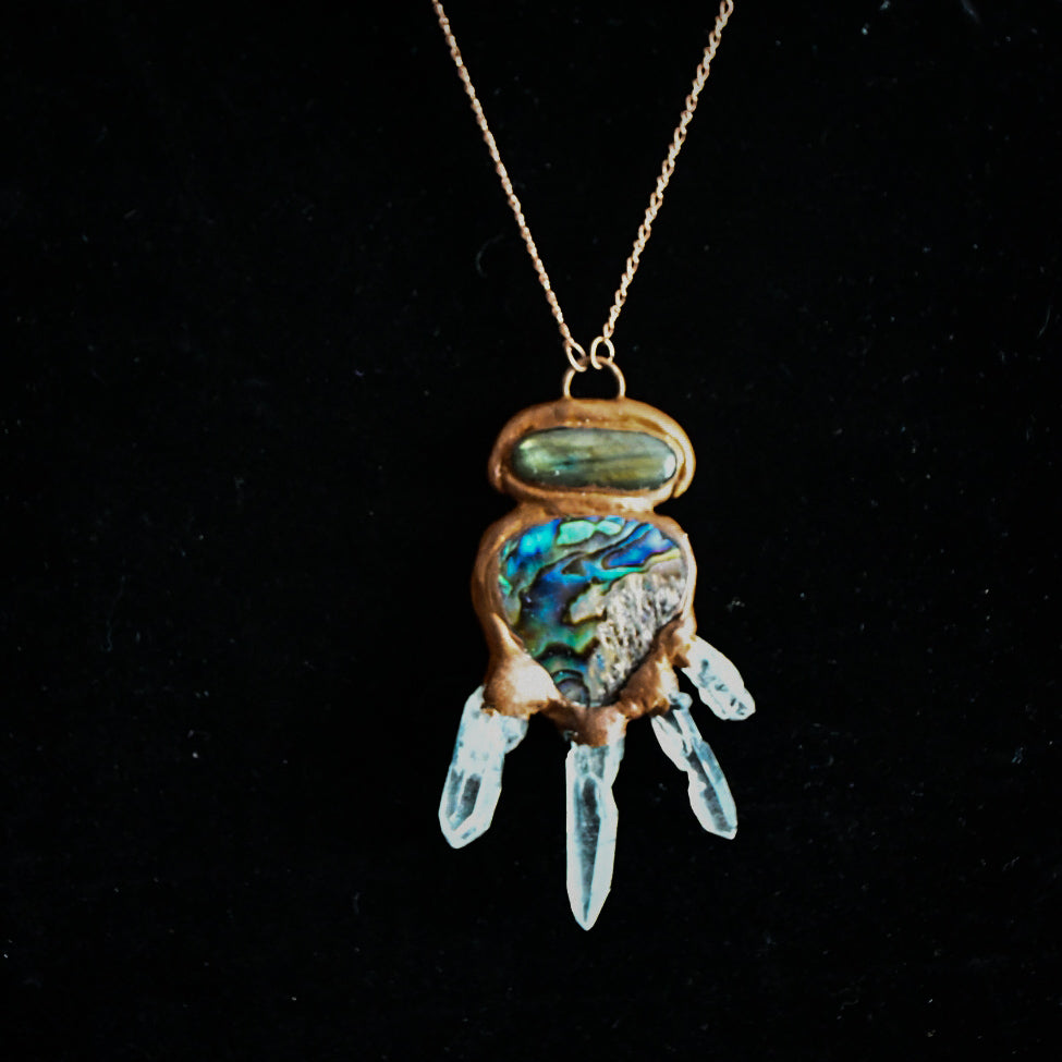 Labrodorite, Quartz, and Abalone shell copper electroformed necklace