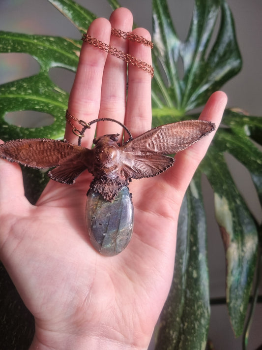 Cicada and labrodorite pendant necklace in electroformed copper