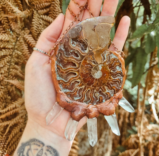 Ancient ammonite and raw clear quartz electroformed pendant necklace