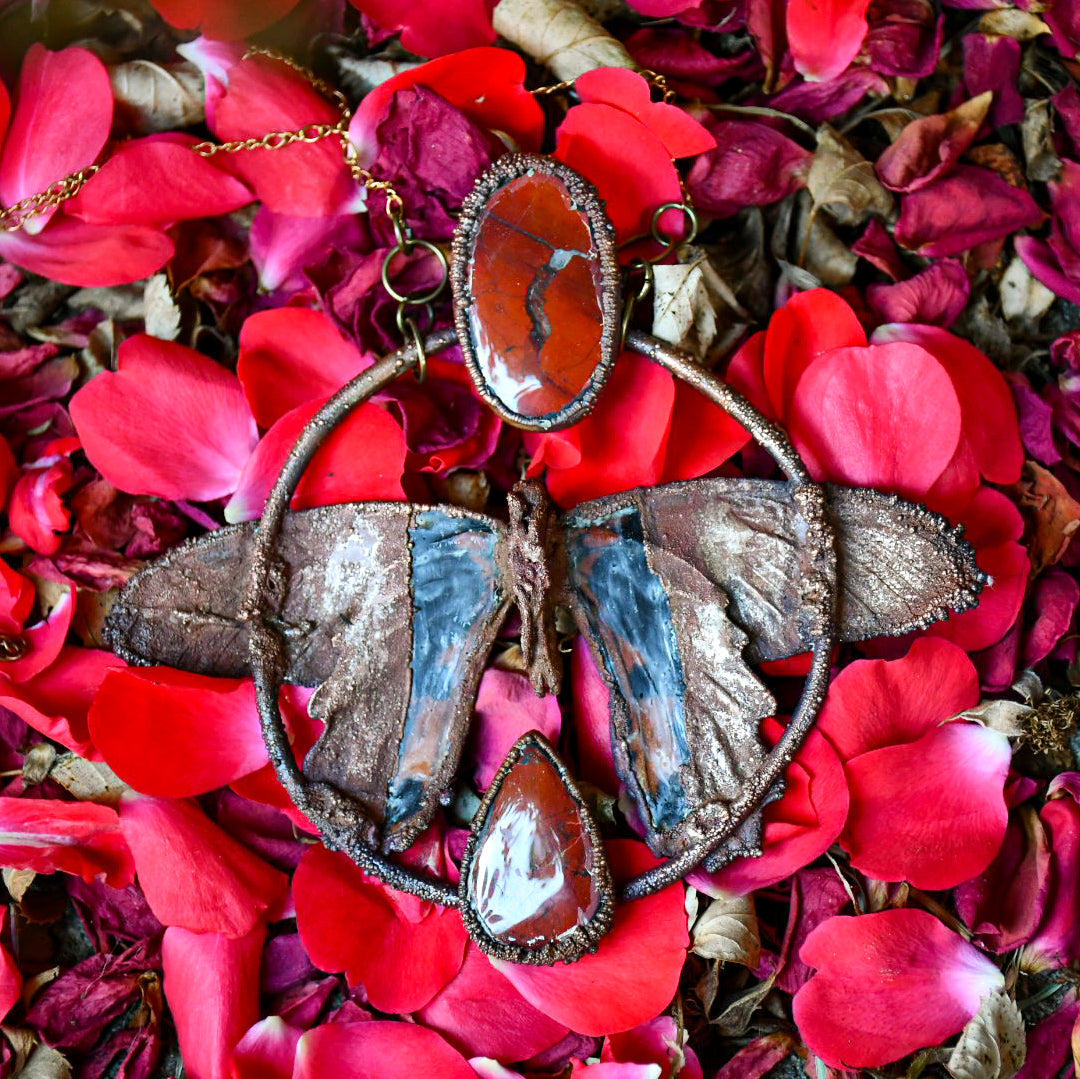 Real Red Spangle butterfly specimen with red jasper pendant necklace in electroformed copper