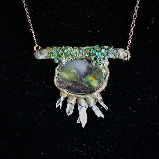 Lichen, Lemurian Quartz and Moss Agate Amulet copper electroformed