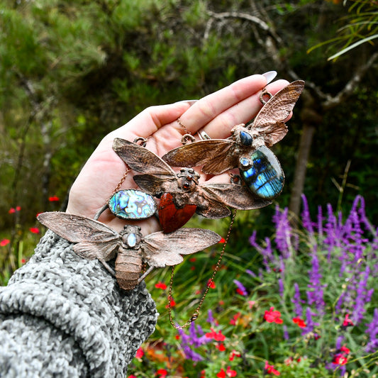 Cicada with labrodorites pendant necklace in electroformed copper