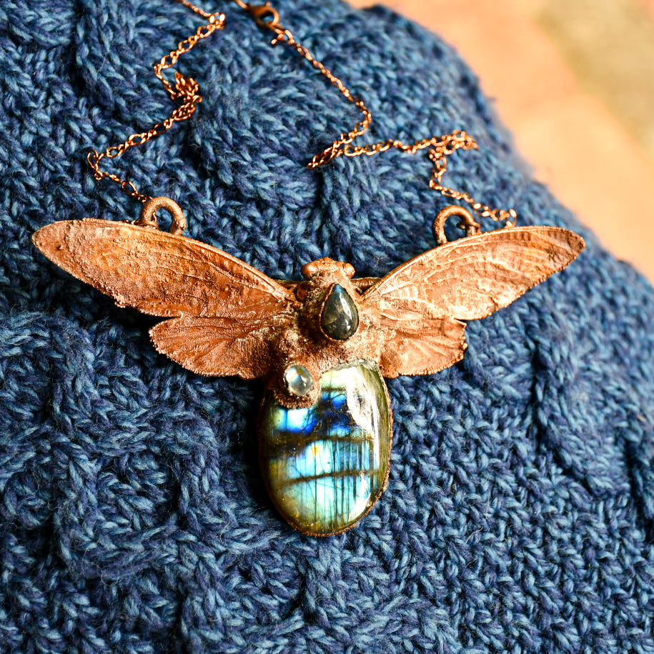 Cicada with labrodorites pendant necklace in electroformed copper