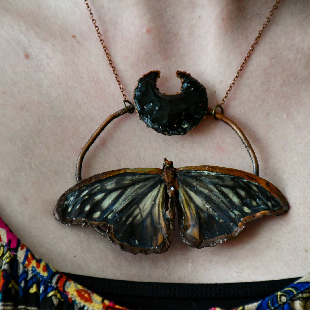 Real butterfly specimen with Obsidian moon pendant necklace in electroformed copper