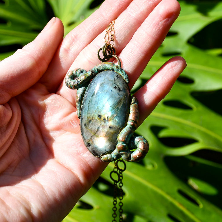 Worm and labrodorite electroformed copper necklace pendants