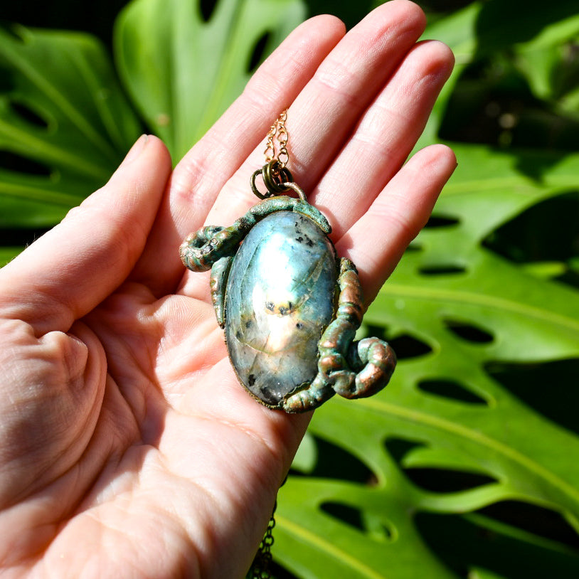 Worm and labrodorite electroformed copper necklace pendants