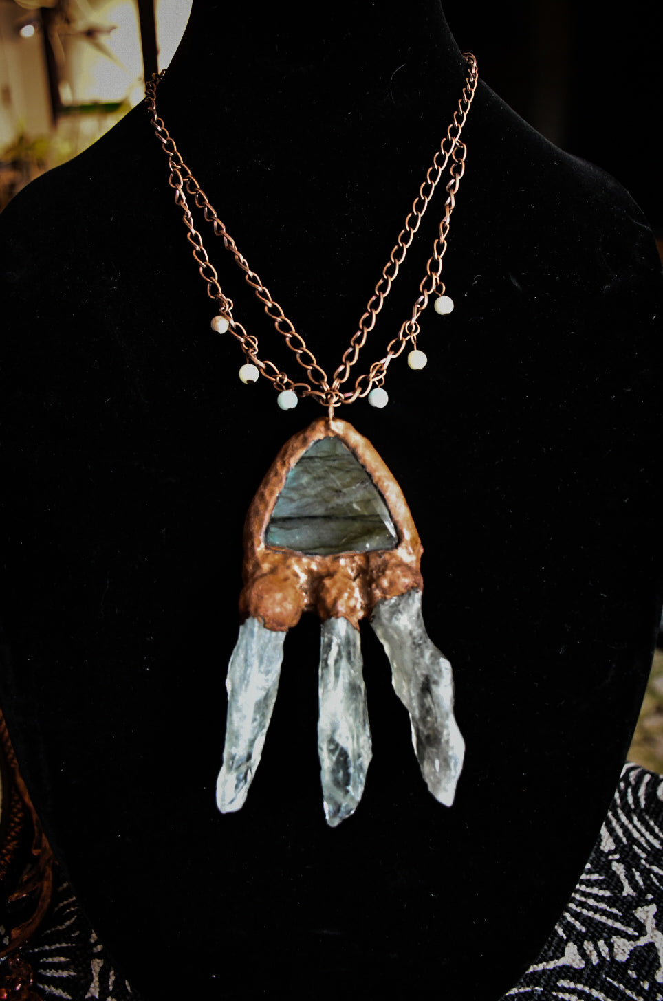 Green Labrodorite and Raw Prasiolite "333" copper electroformed necklace