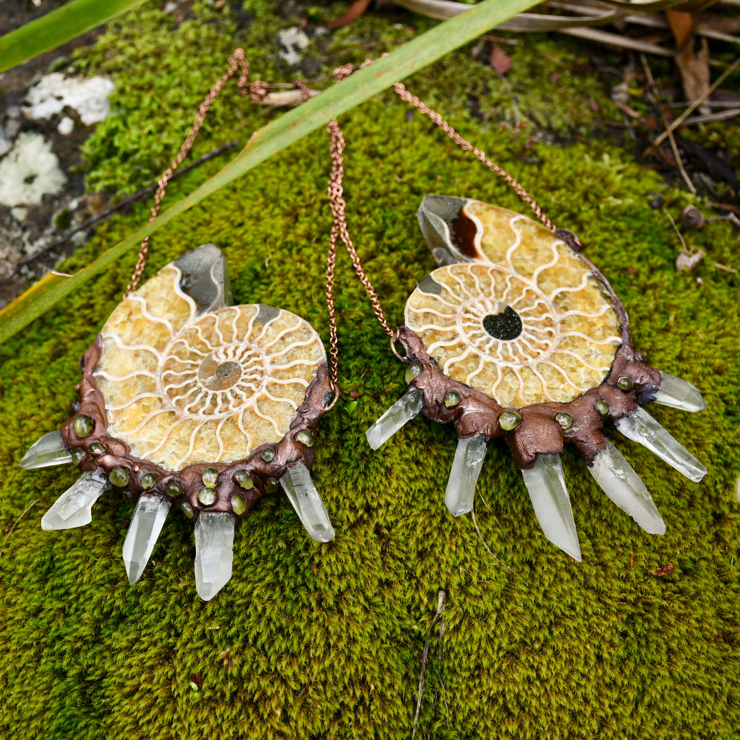 Large Ammonite and clear quartz necklace in copper