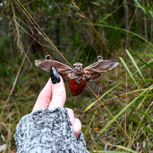 Cicada with red jasper and citrine pendant necklace in electroformed copper