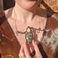 Cloud Forest: Snake skeleton, moss agate, and moonstone copper electroformed necklace