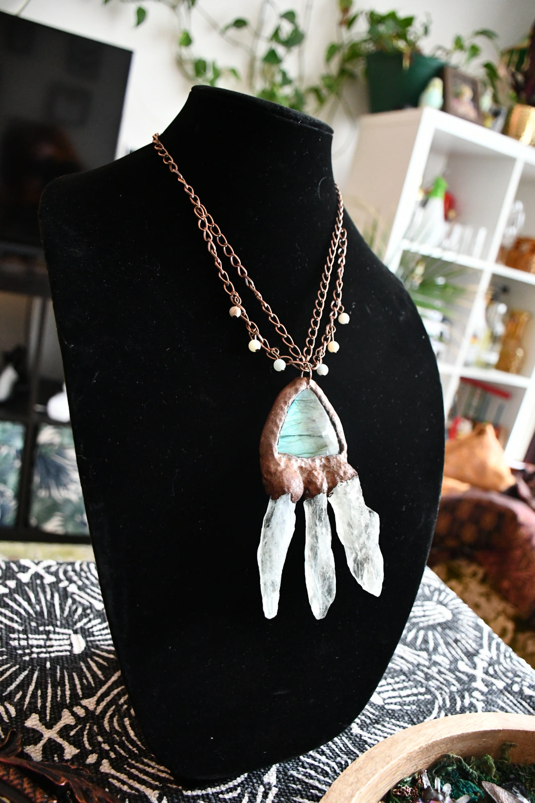 Green Labrodorite and Raw Prasiolite "333" copper electroformed necklace