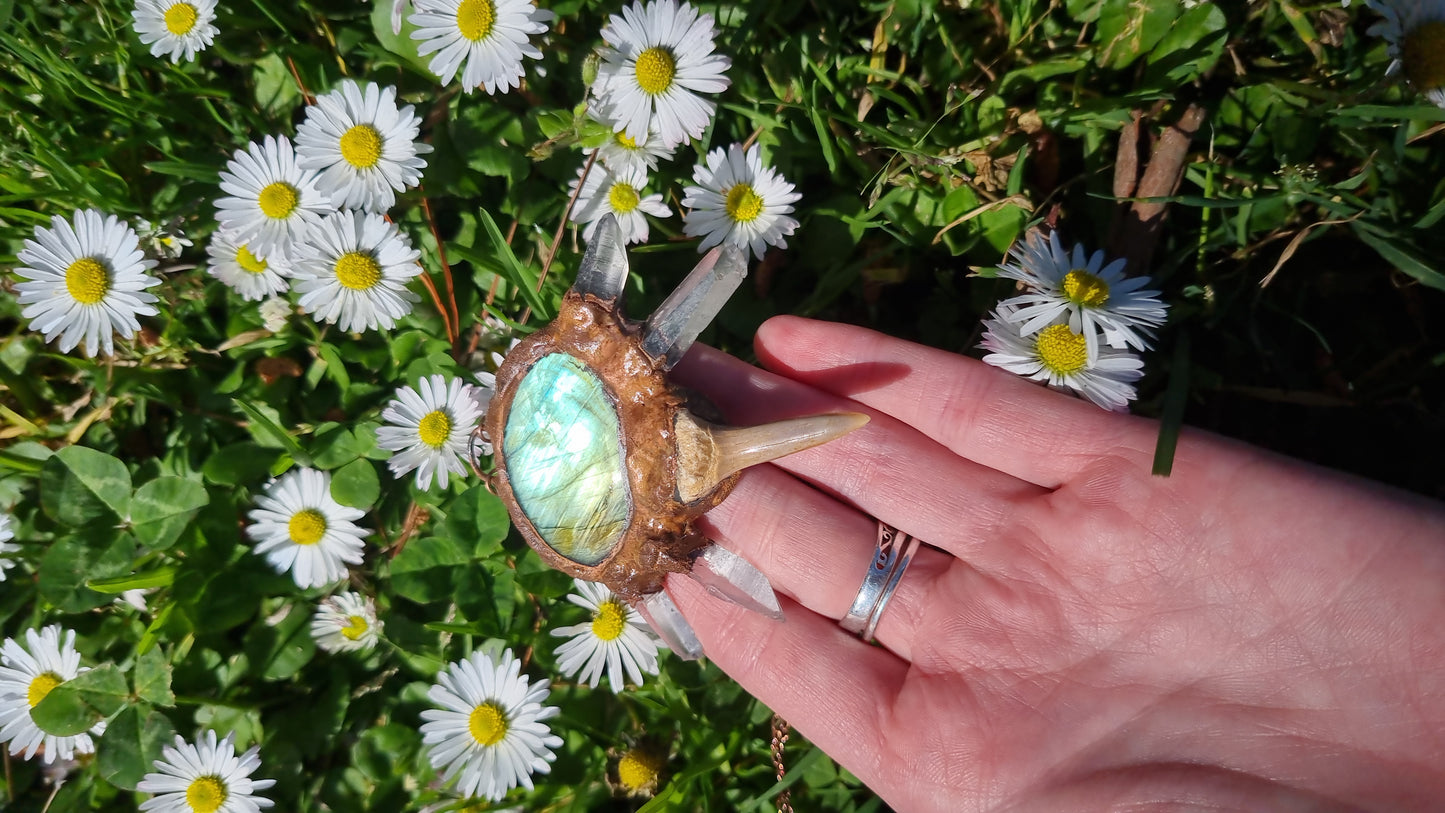 Quartz, Labrodorite and fossilised shark tooth copper electroformed necklace