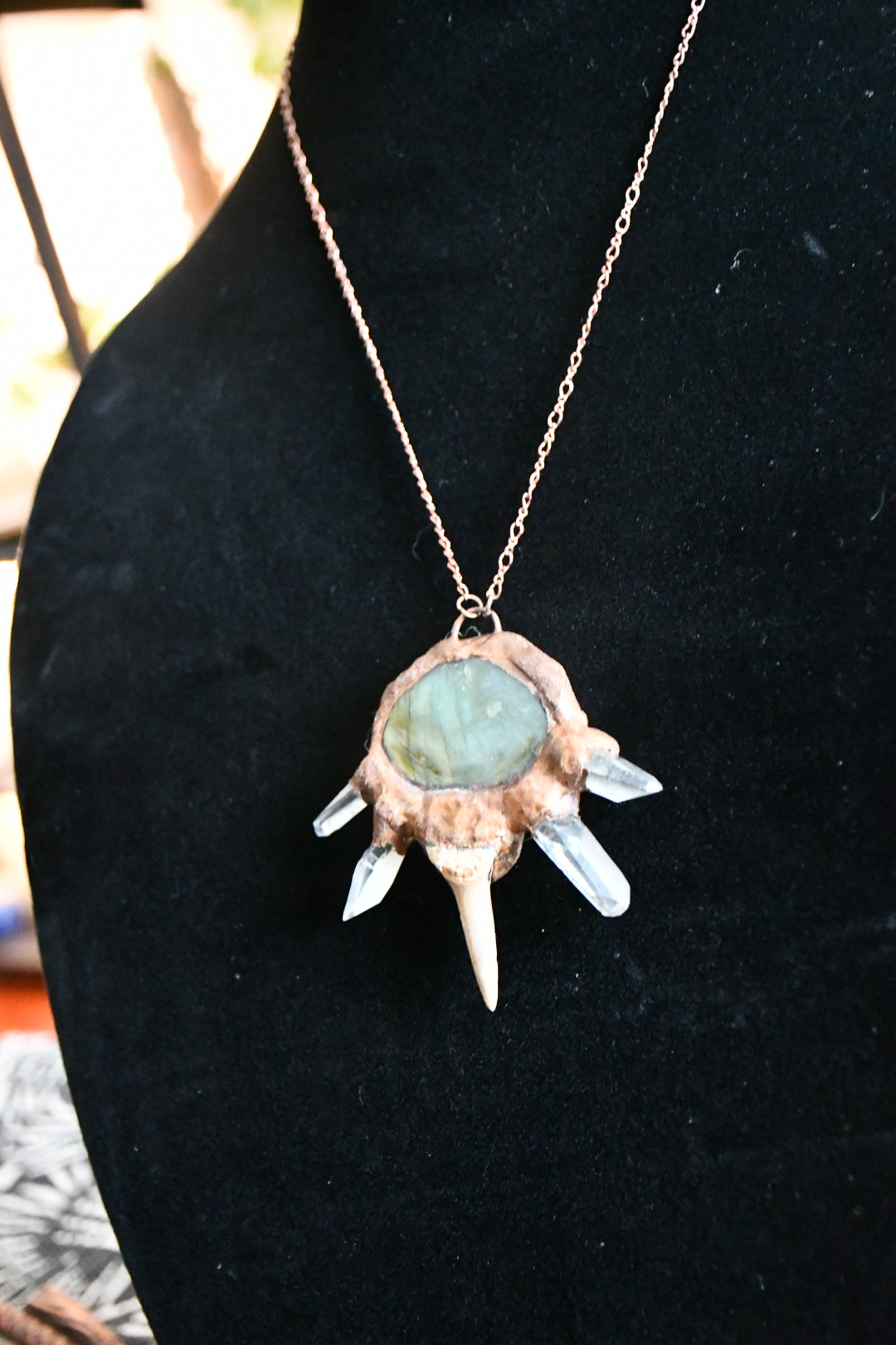 Quartz, Labrodorite and fossilised shark tooth copper electroformed necklace