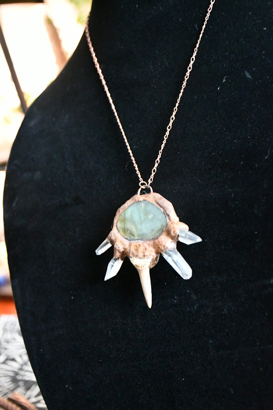Quartz, Labrodorite and fossilised shark tooth copper electroformed necklace