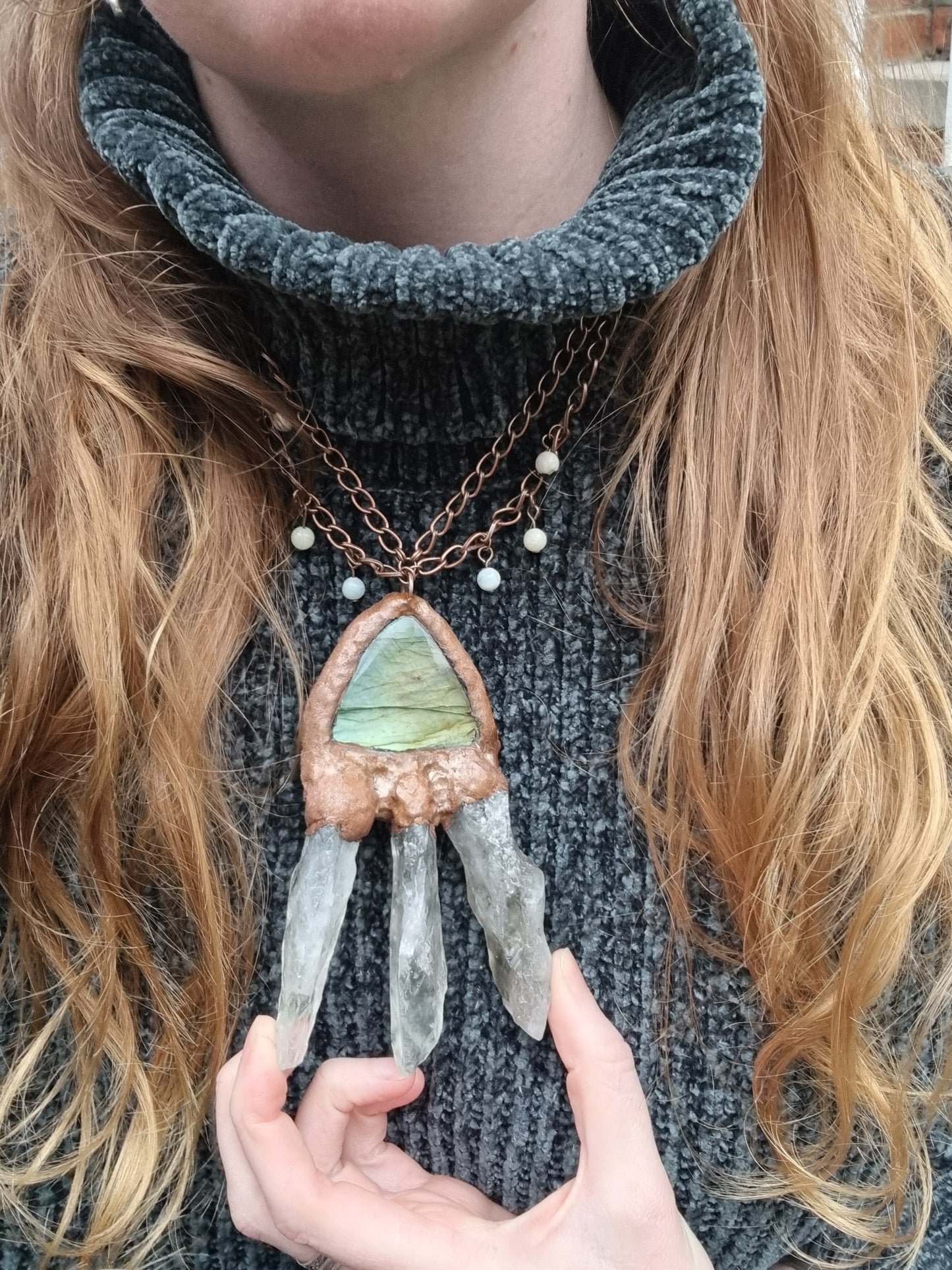 Green Labrodorite and Raw Prasiolite "333" copper electroformed necklace