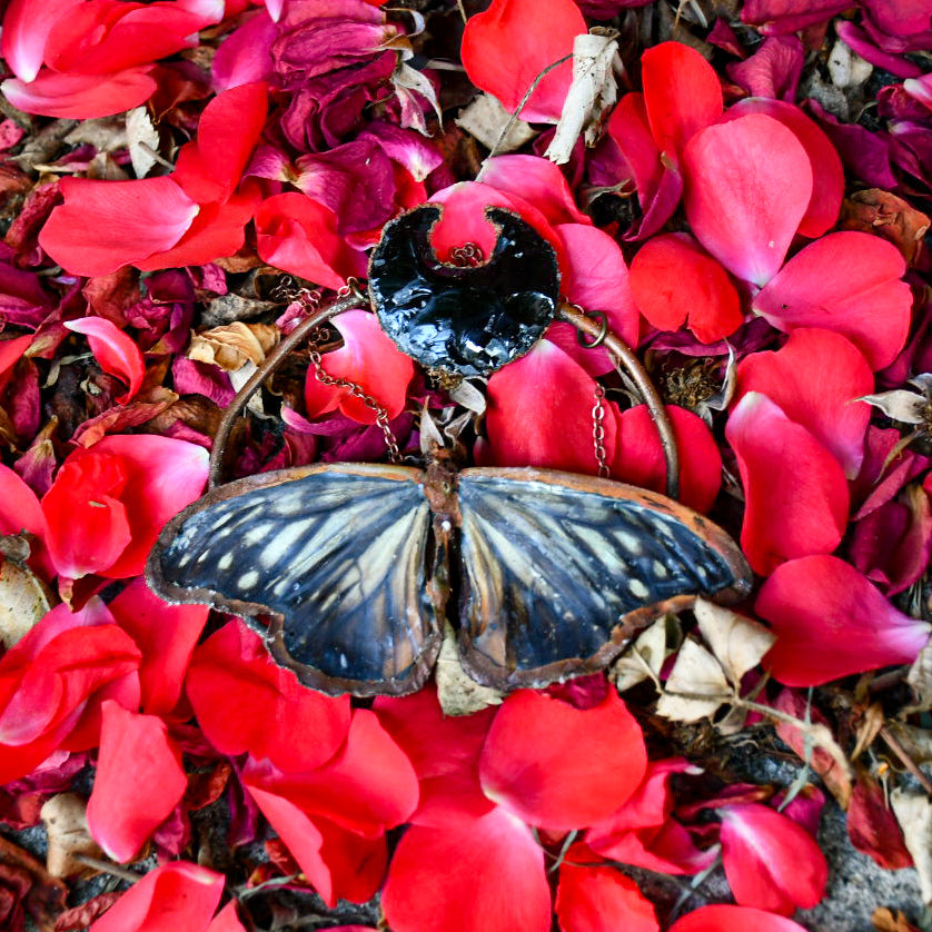 Real butterfly specimen with Obsidian moon pendant necklace in electroformed copper