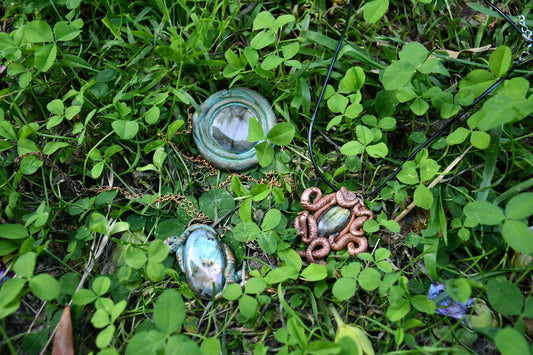 Worm and labrodorite electroformed copper necklace pendants