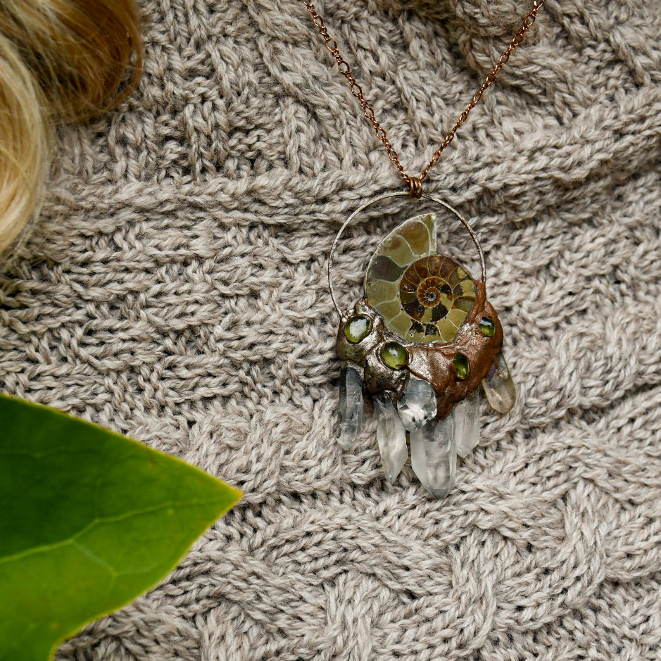 Ammonite and clear quartz necklace in copper