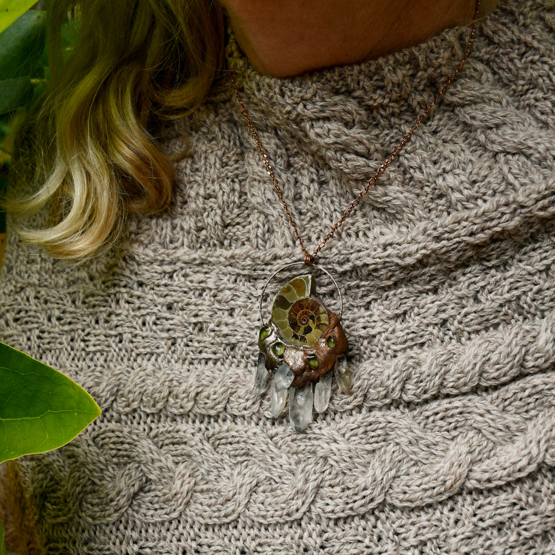 Ammonite and clear quartz necklace in copper