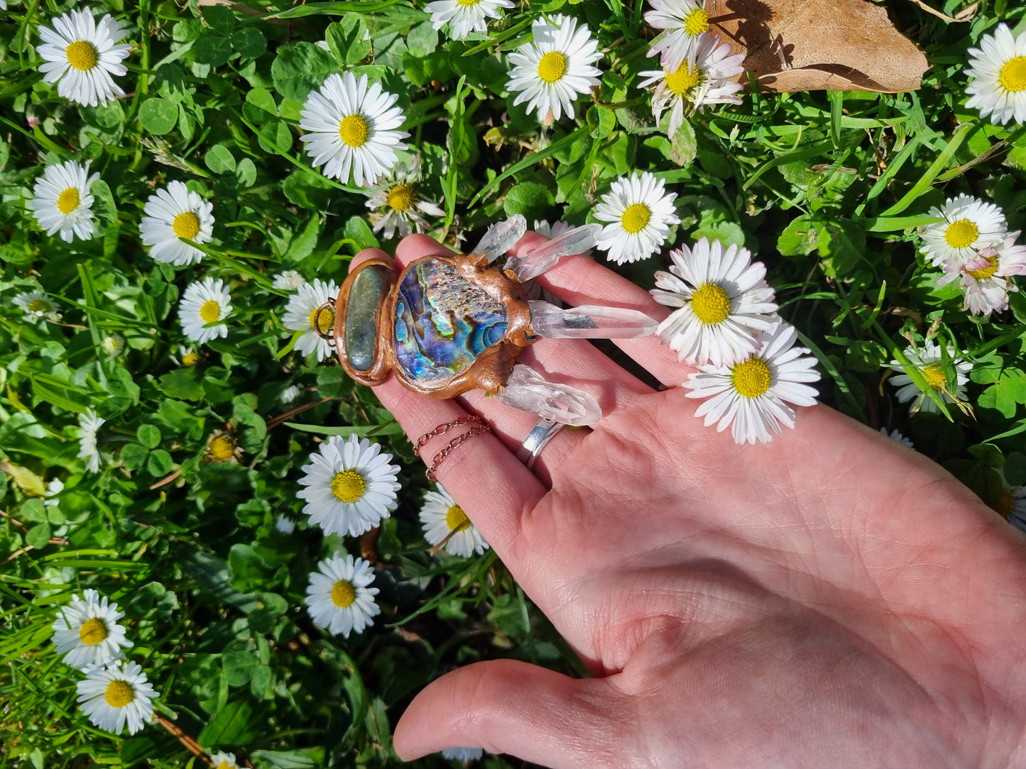 Labrodorite, Quartz, and Abalone shell copper electroformed necklace