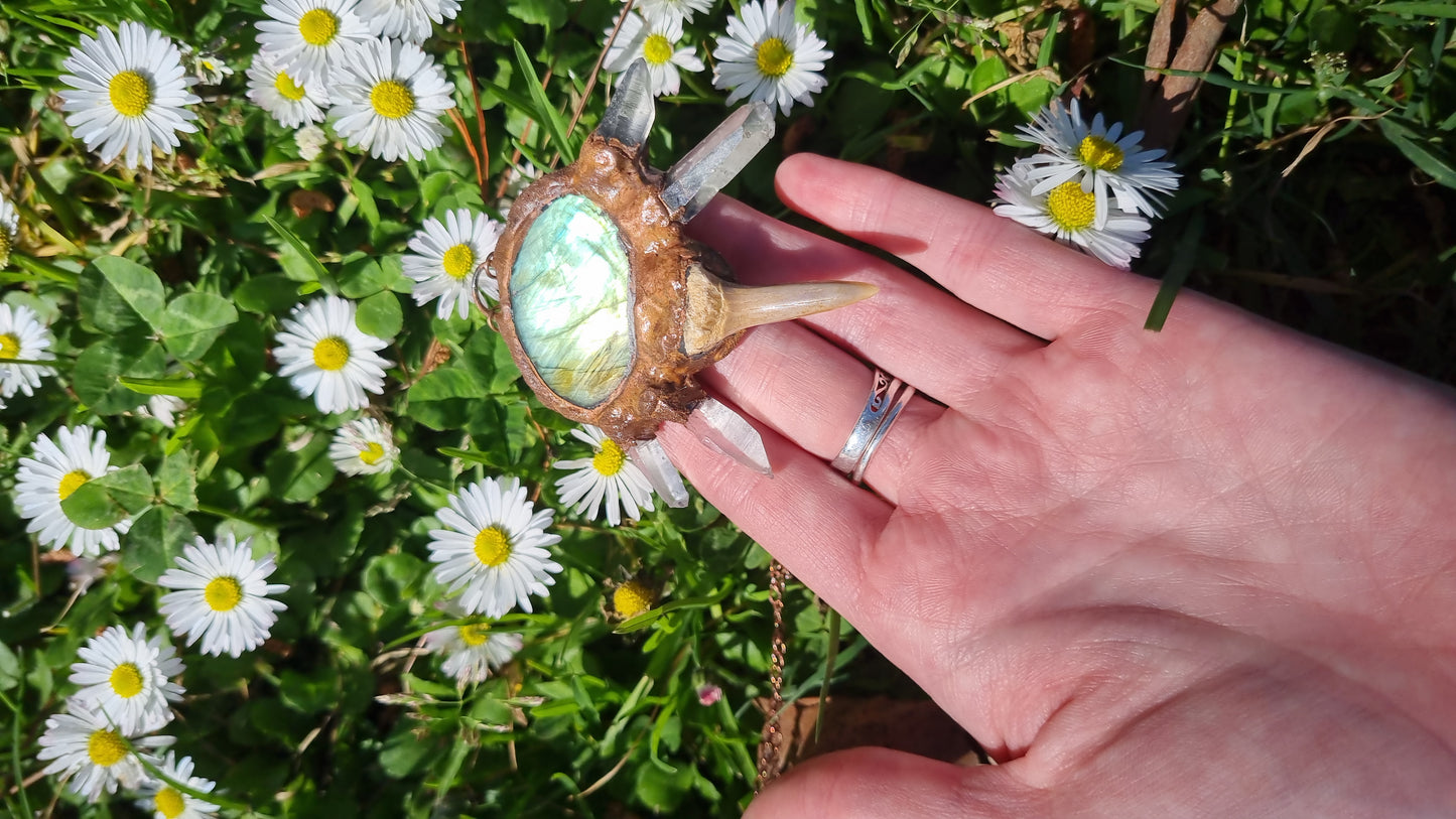 Quartz, Labrodorite and fossilised shark tooth copper electroformed necklace
