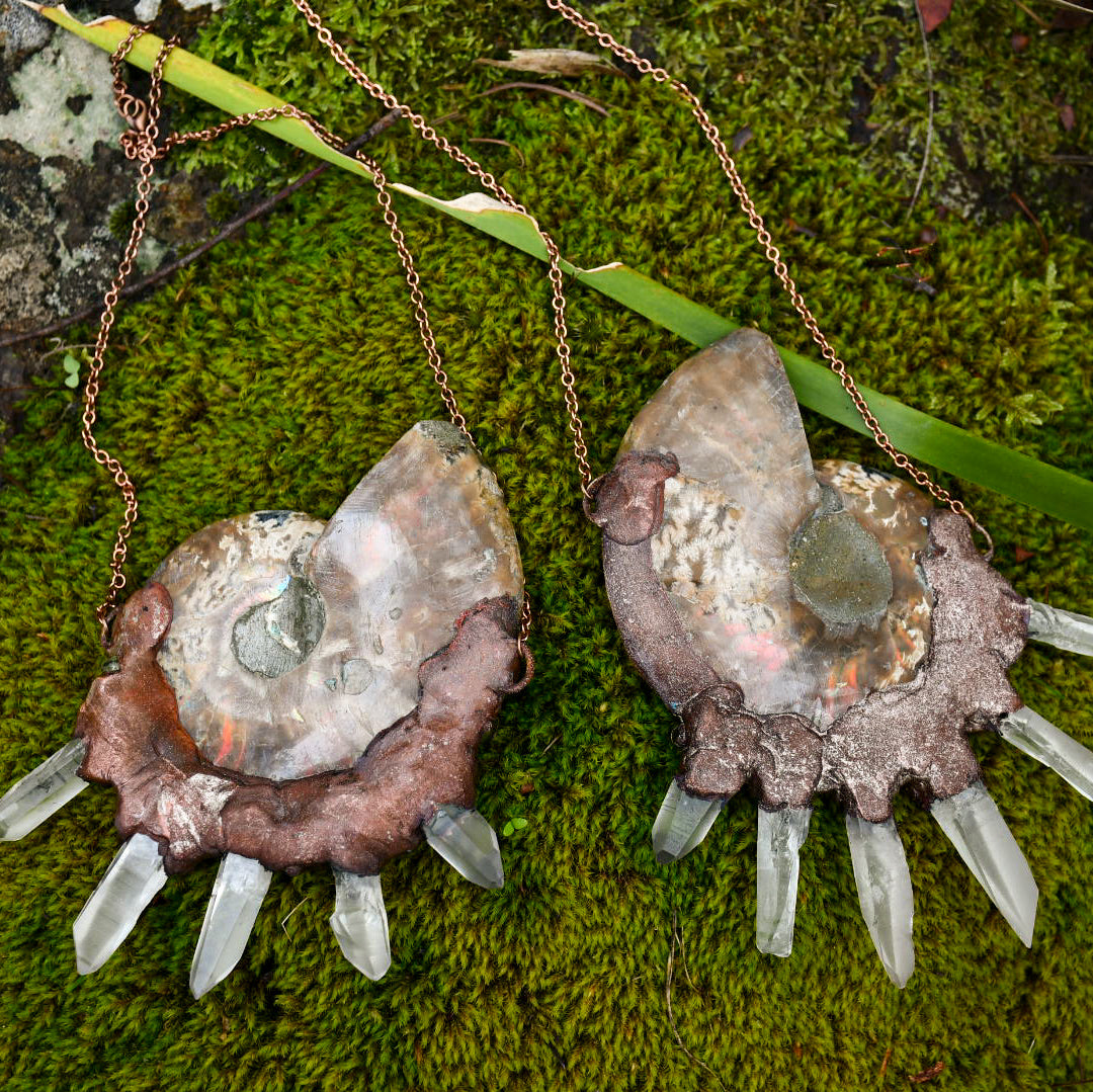 Large Ammonite and clear quartz necklace in copper