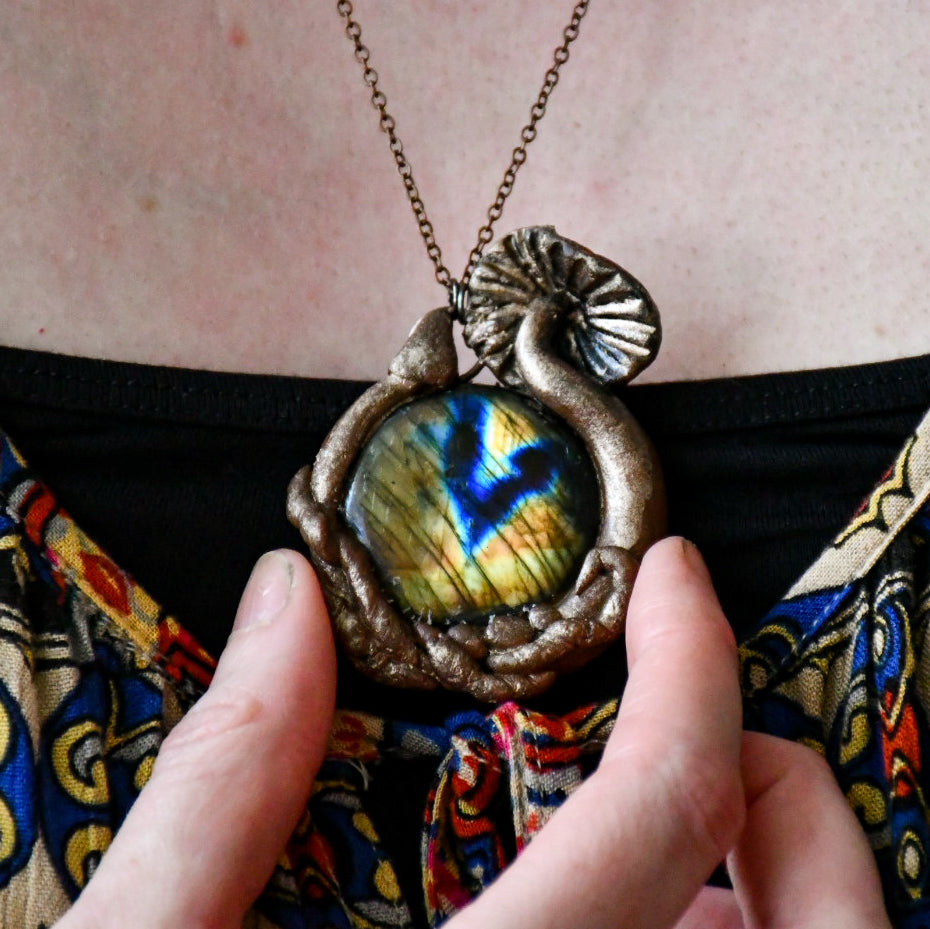 Mushroom labrodorite pendant necklace in electroformed copper