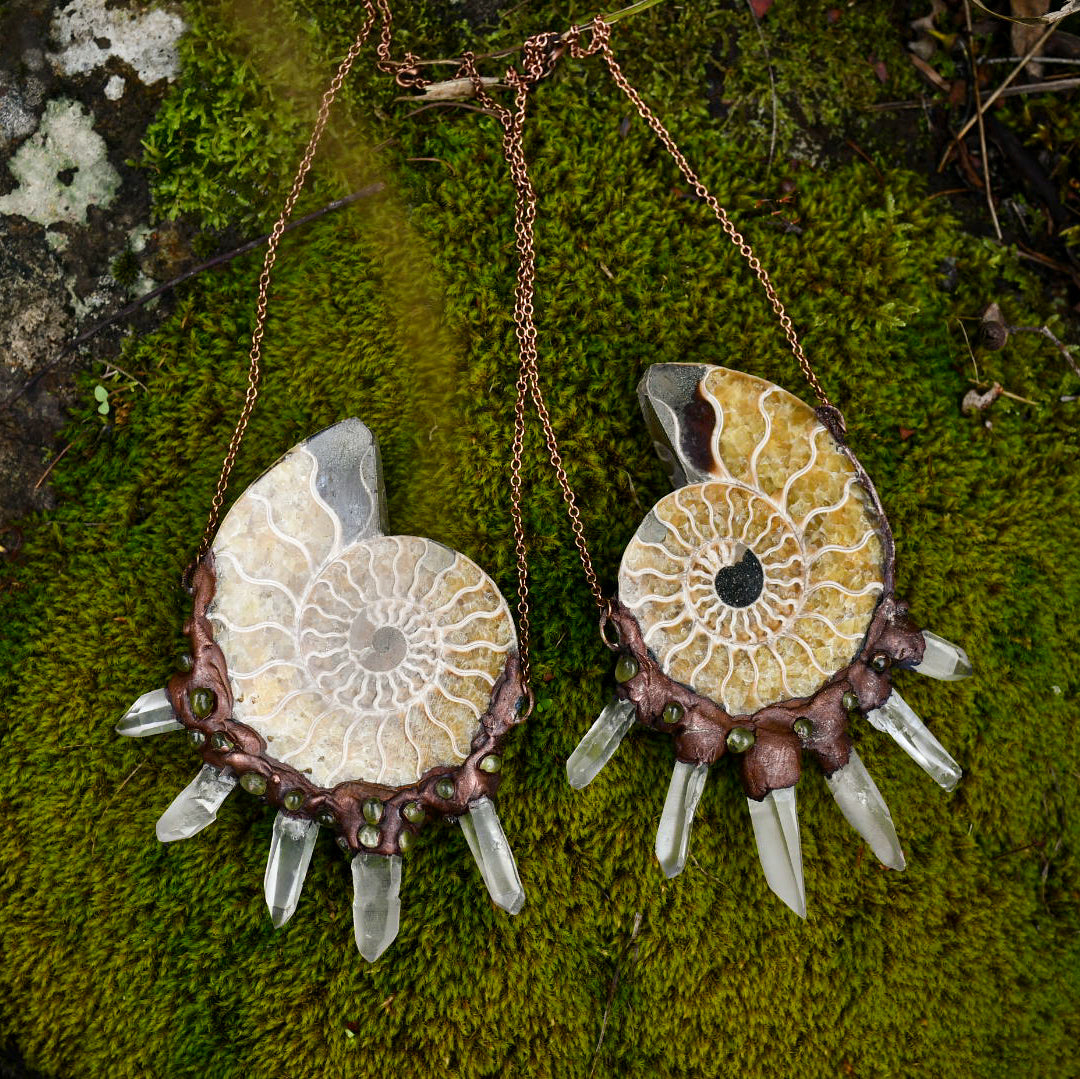 Large Ammonite and clear quartz necklace in copper