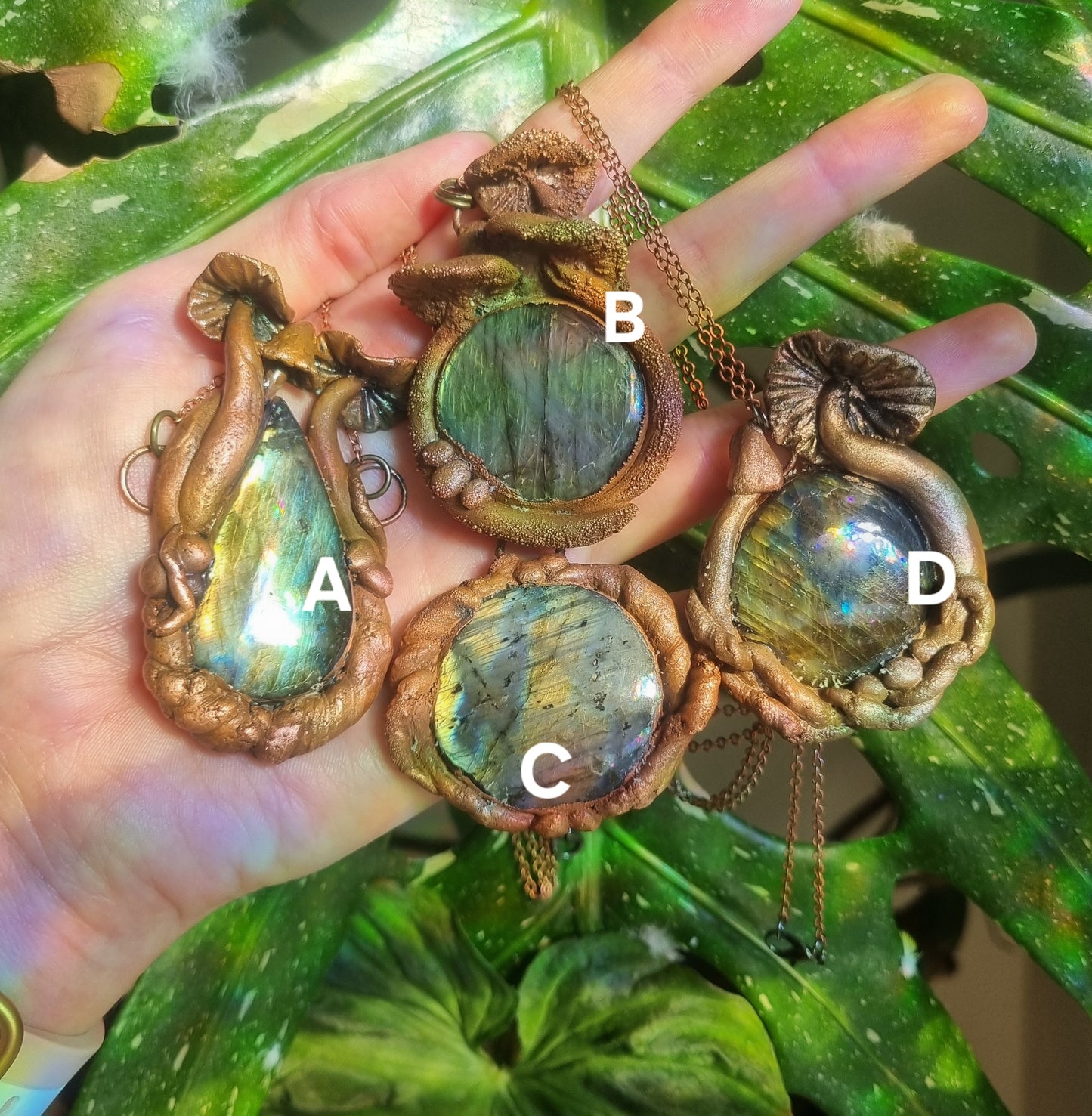 Mushroom labrodorite pendant necklace in electroformed copper