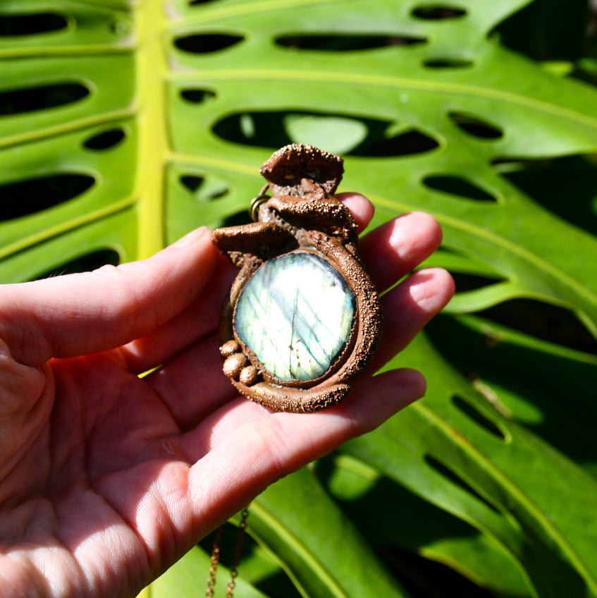 Mushroom labrodorite pendant necklace in electroformed copper