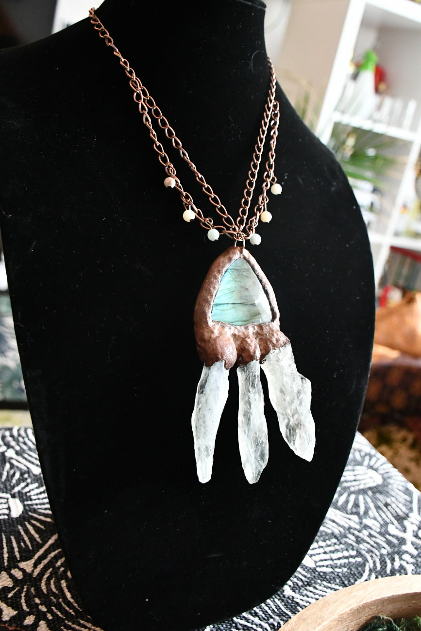 Green Labrodorite and Raw Prasiolite "333" copper electroformed necklace