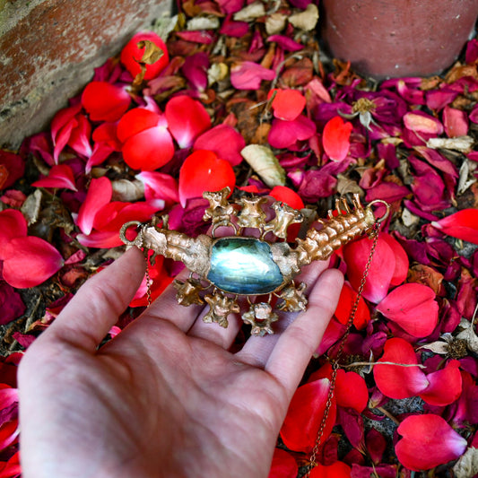 Vertebrae bone and labrodorite pendant necklace in electroformed copper