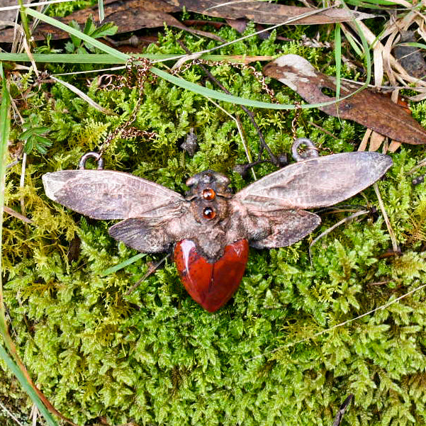 Cicada with red jasper and citrine pendant necklace in electroformed copper