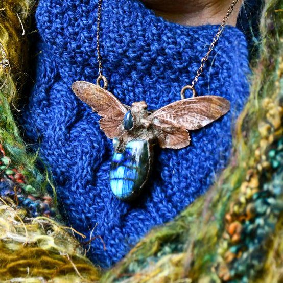 Cicada with labrodorites pendant necklace in electroformed copper