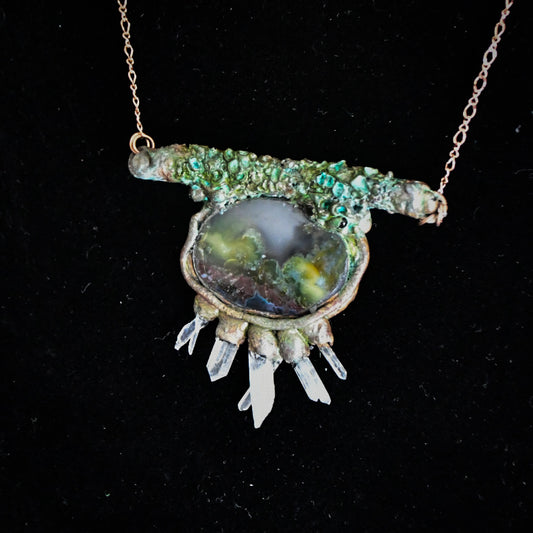 Lichen, Lemurian Quartz and Moss Agate Amulet copper electroformed