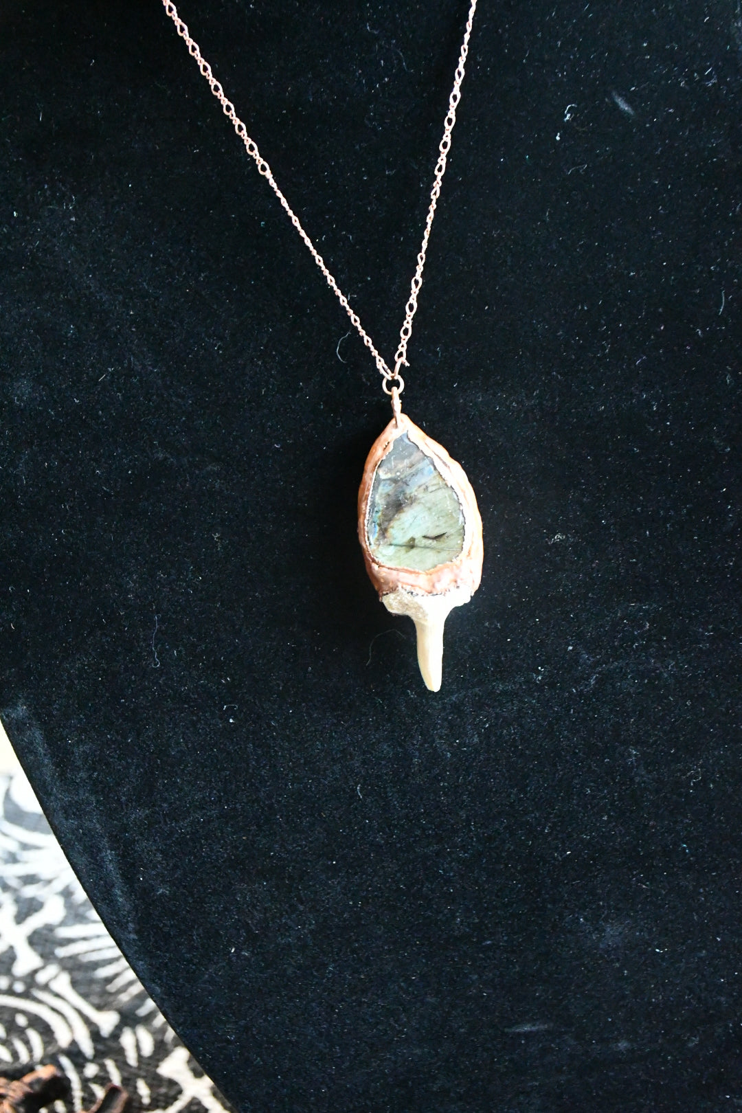 Labrodorite and fossilised shark tooth copper electroformed necklace