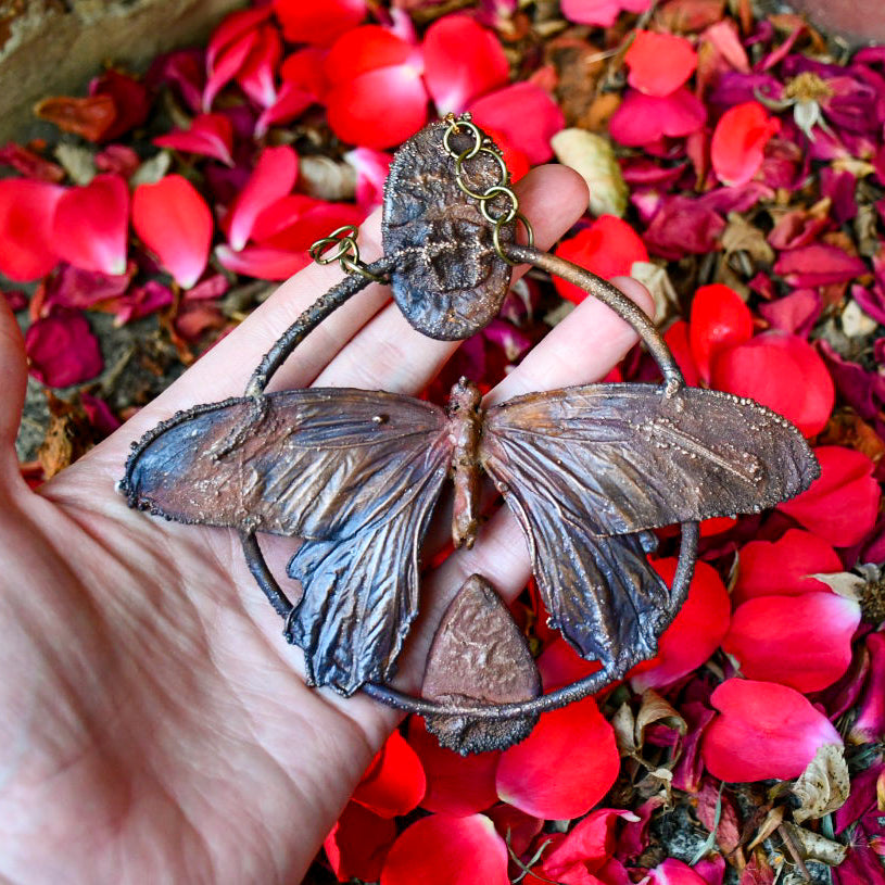 Real Red Spangle butterfly specimen with red jasper pendant necklace in electroformed copper