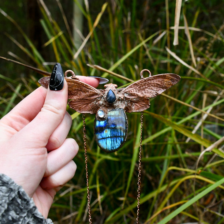 Cicada with labrodorites pendant necklace in electroformed copper