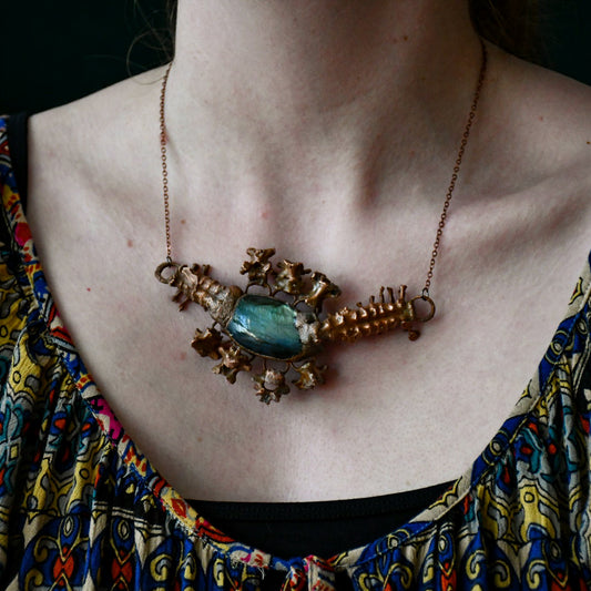 Vertebrae bone and labrodorite pendant necklace in electroformed copper