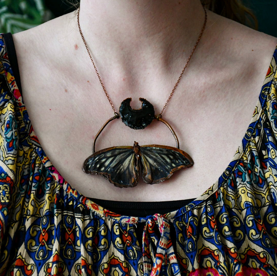 Real butterfly specimen with Obsidian moon pendant necklace in electroformed copper