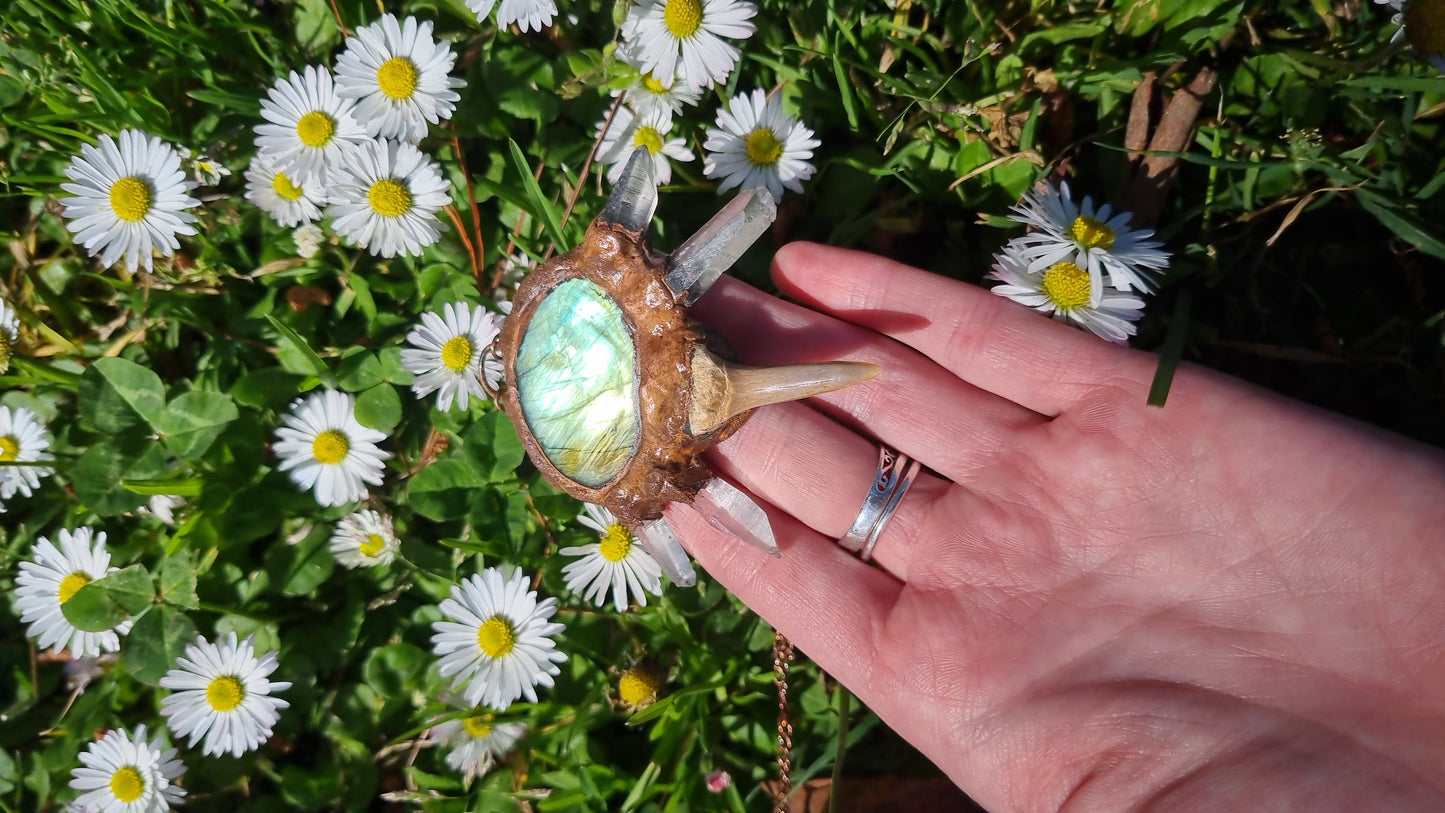 Quartz, Labrodorite and fossilised shark tooth copper electroformed necklace