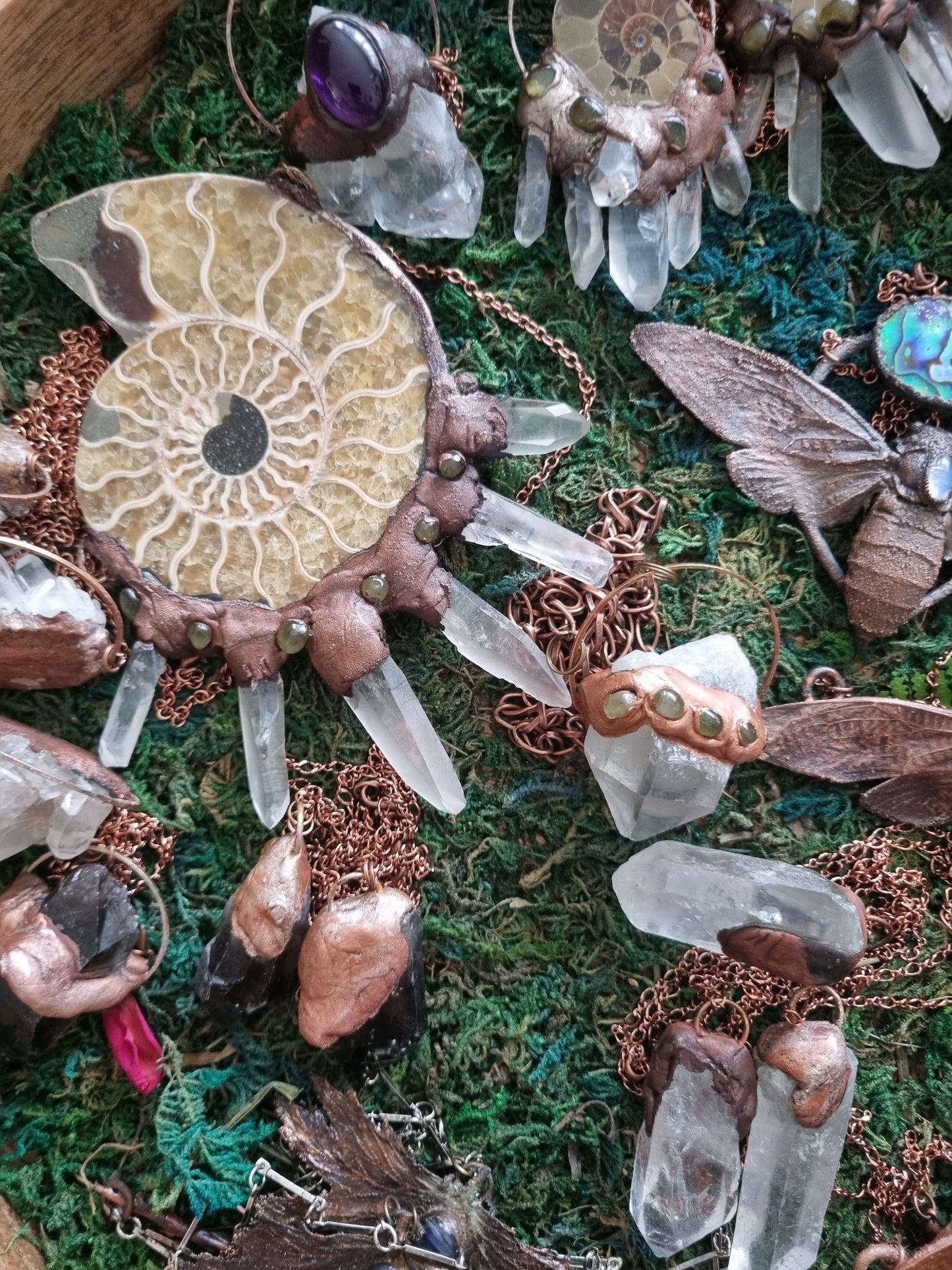 Large Ammonite and clear quartz necklace in copper