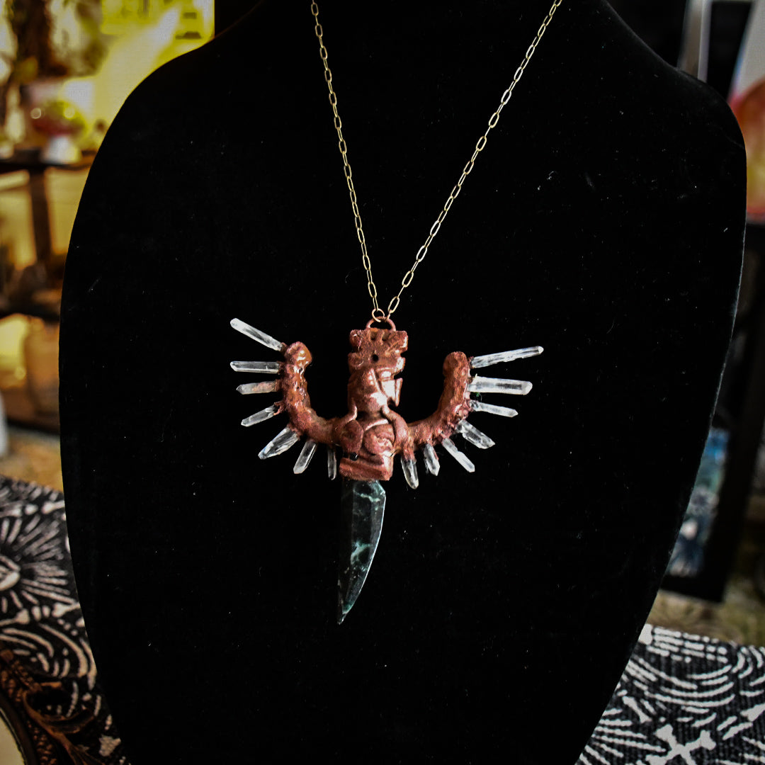 Ancient Winged Grandfather carved obsidian knife, quartz, copper electroformed