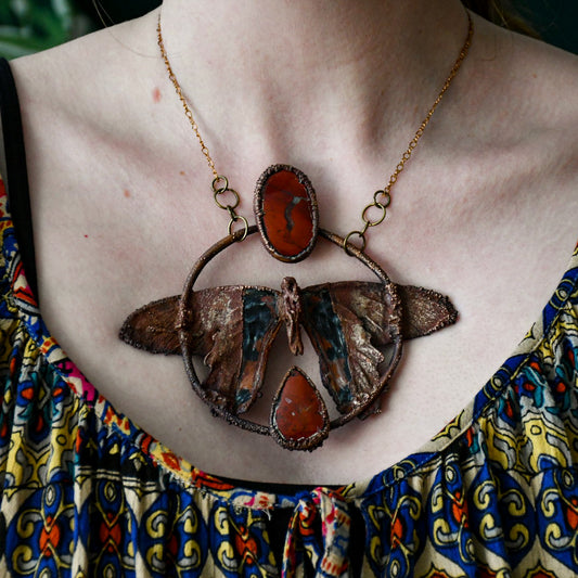 Real Red Spangle butterfly specimen with red jasper pendant necklace in electroformed copper