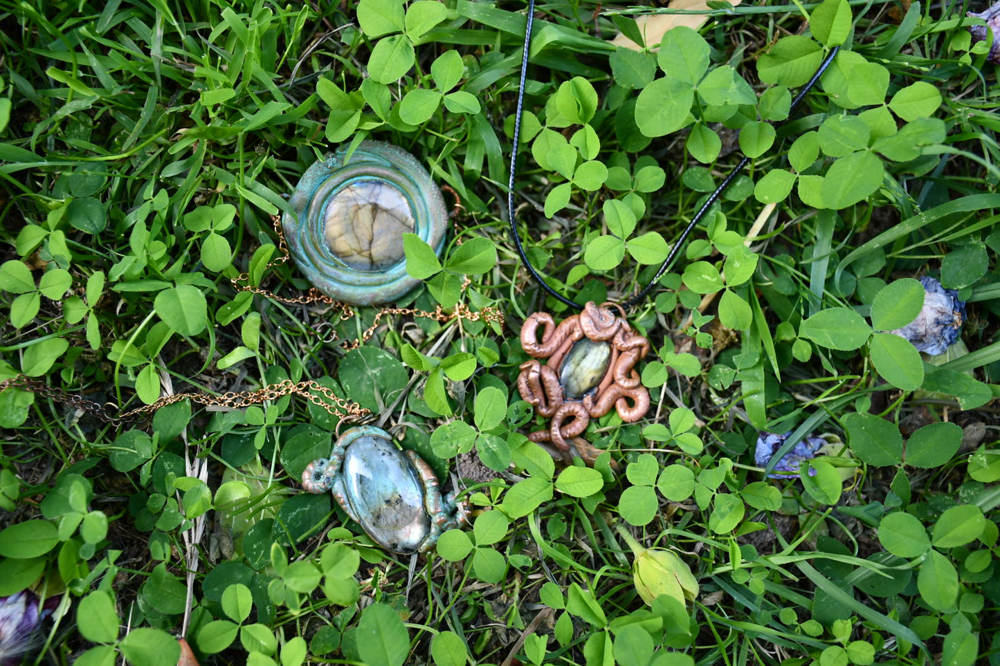 Worm and labrodorite electroformed copper necklace pendants