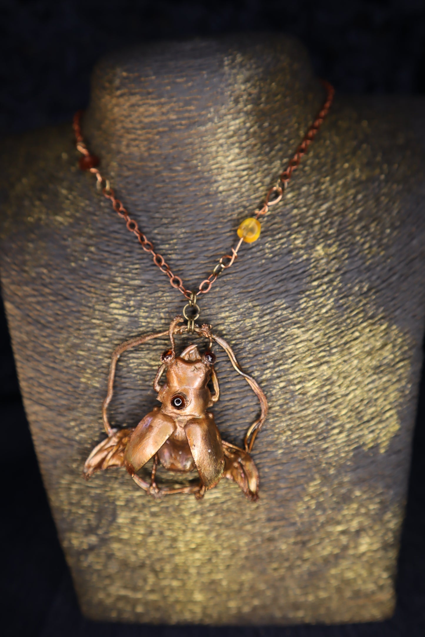 Copper electroformed stag beetle pendant and Baltic amber chain