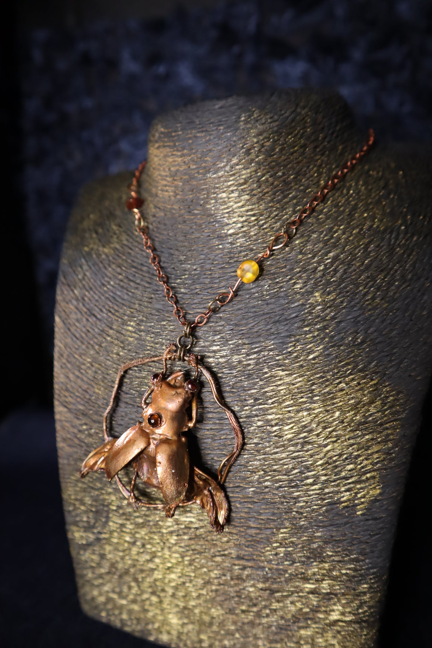 Copper electroformed stag beetle pendant and Baltic amber chain